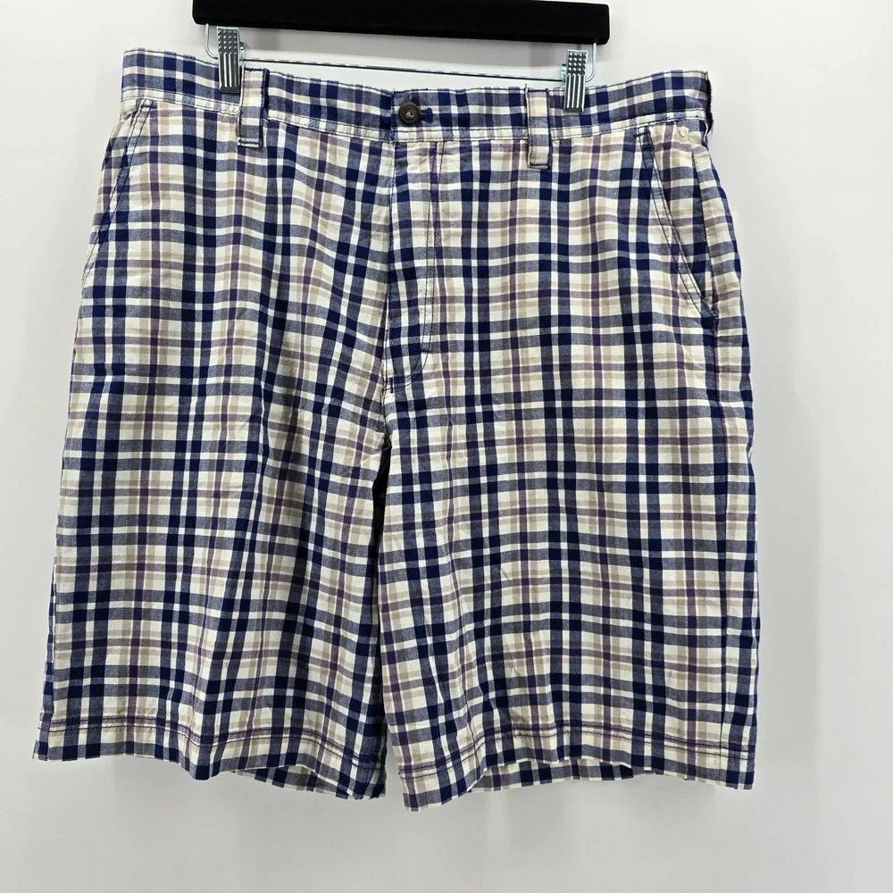 IZOD Madras Shorts Mens Luxury Sport Plaid Flat Front Navy Tan 38W MSRP $60 NEW